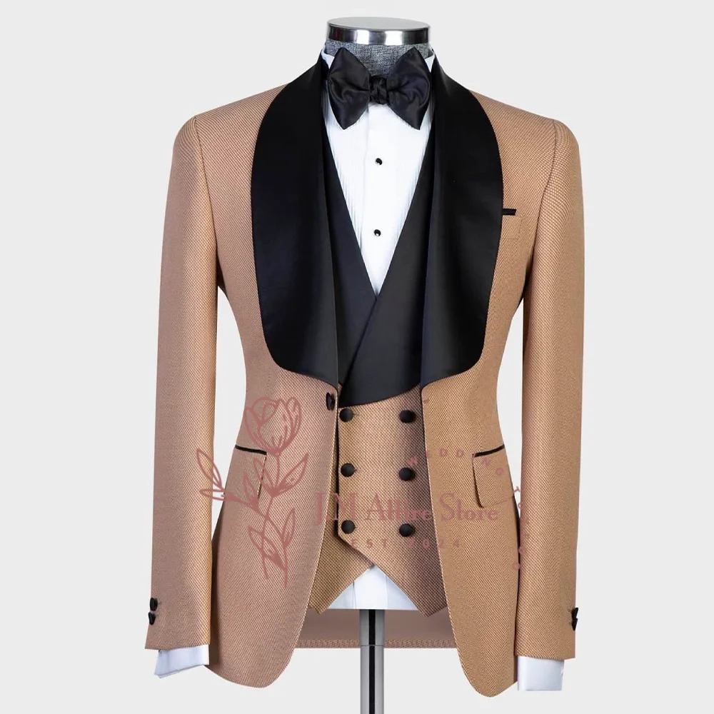 Luxury men 3 pcs suit jacket vest pants black satin lapel blazer for wedding dating dinner party business meeting custom tuxedo