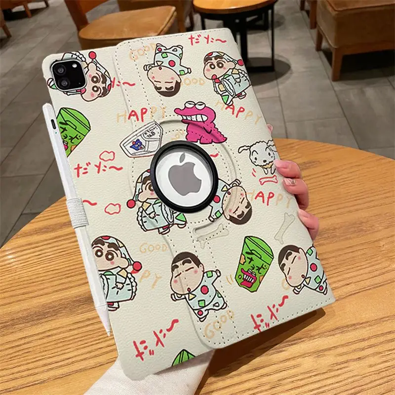 Kawaii Crayon Shin Chan IPad Protective Case Cartoon Rotating Leather Cover for Air1/2/3/4/5 Ipad7/8/9/10 with Pen Slot Sticker