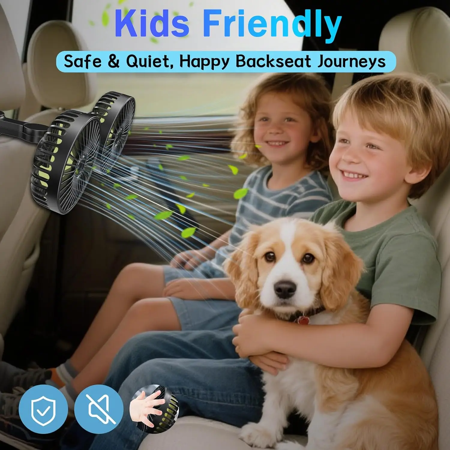 Car Fan For Backseat, Dual Head USB Vehicle Seat Fans, 3 Speeds Strong Wind 360° Rotatable Auto Rear Headrest, Air Circulation A