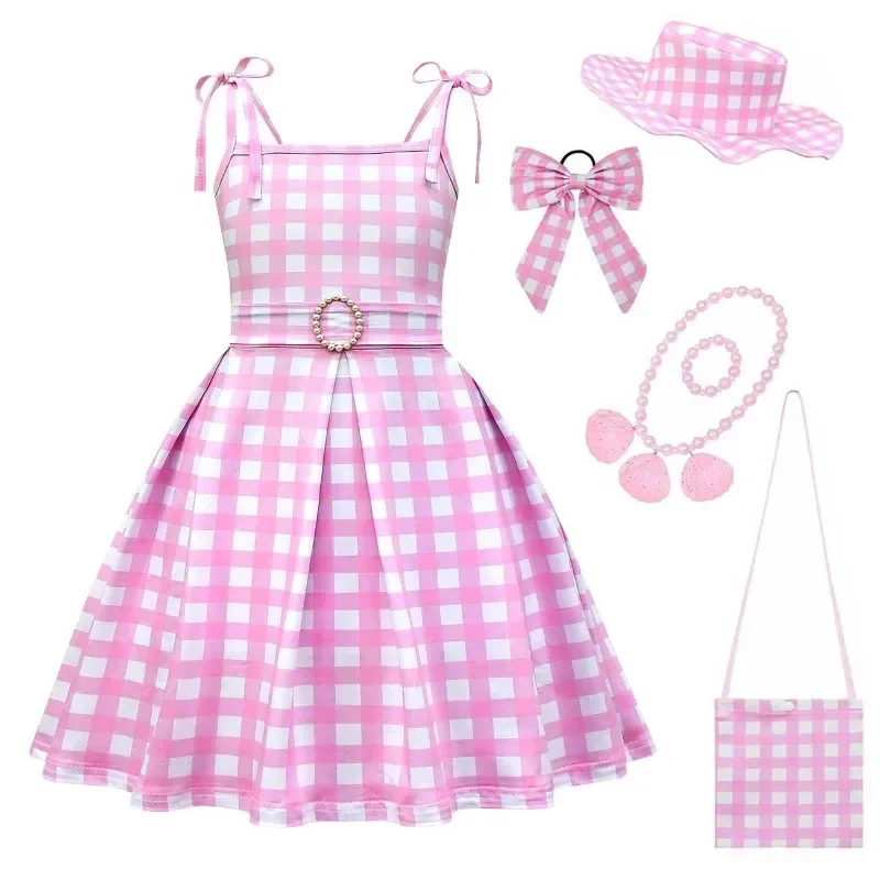 New 2025 Baby Girl Barbie Dresses Fashion Plaid Sweet Cosplay Costume Summer Strap Slim Children Outfit for 3-10 Years Ki wat158