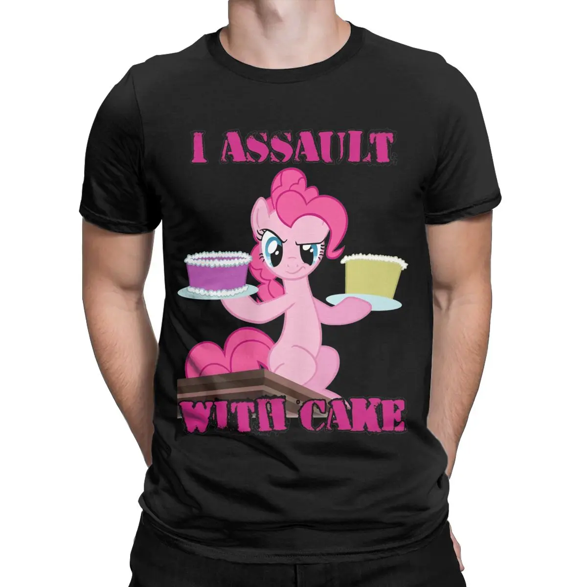 Pinkie Pie Assaults With Cake T Shirt for Men Cotton Novelty T-Shirt Round Collar Mlp Tee Shirt Short Sleeve Tops Adult