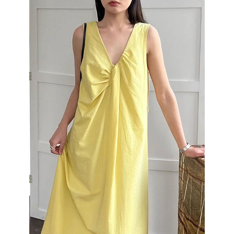 

French Yellow Front Back Two Kink Dresses for Women Summer Simple Loose Basic Elegant Black White Sleeveless Vest Long Dress