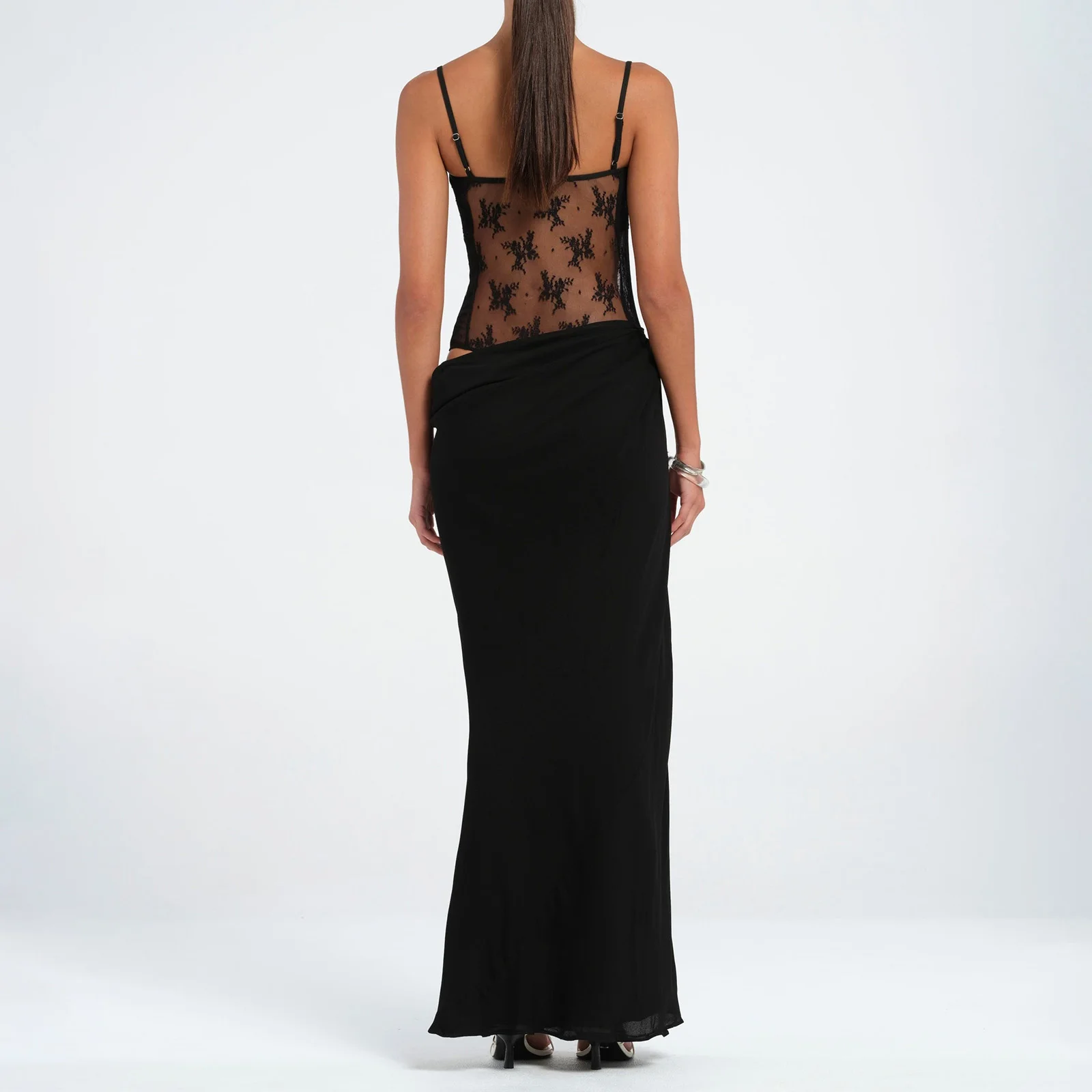 Women Summer Fairycore Patchwork Lace Cami Dress Slim Cut Out Sweetheart Neck Spaghetti Strap Backless Party Club Long Dress