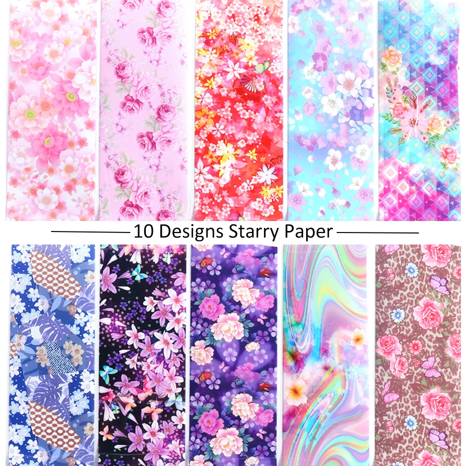 10pcs Colorful Flowers Print Stickers On Nails Foils Starry Sky Wraps Transfer Decals For Manicure Spring Nail Art Decorations