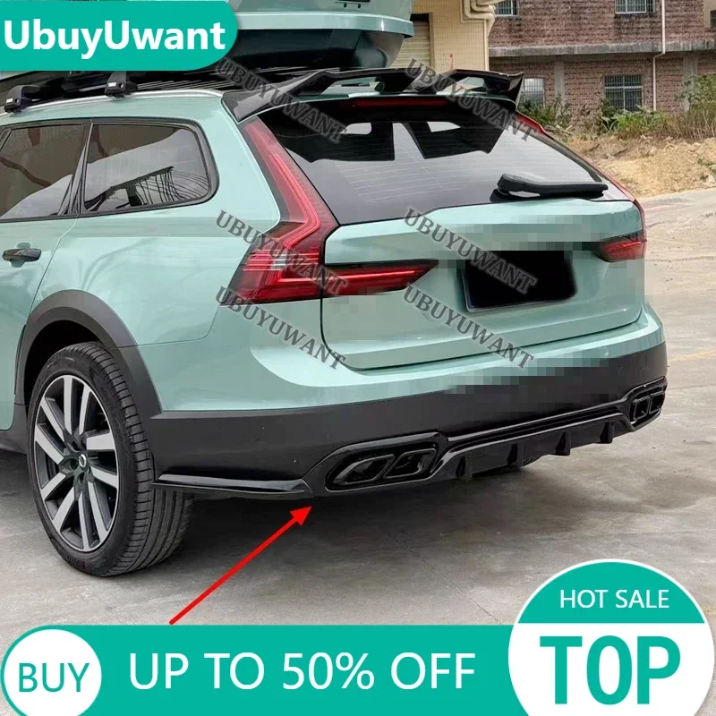 For VOLVO V90 Cross Country T5 B5 AWD 2017+ Matt Black/Glossy Black Rear Bumper Trunk Lip Spoiler Diffsuer With 2PCS Wrap Angle