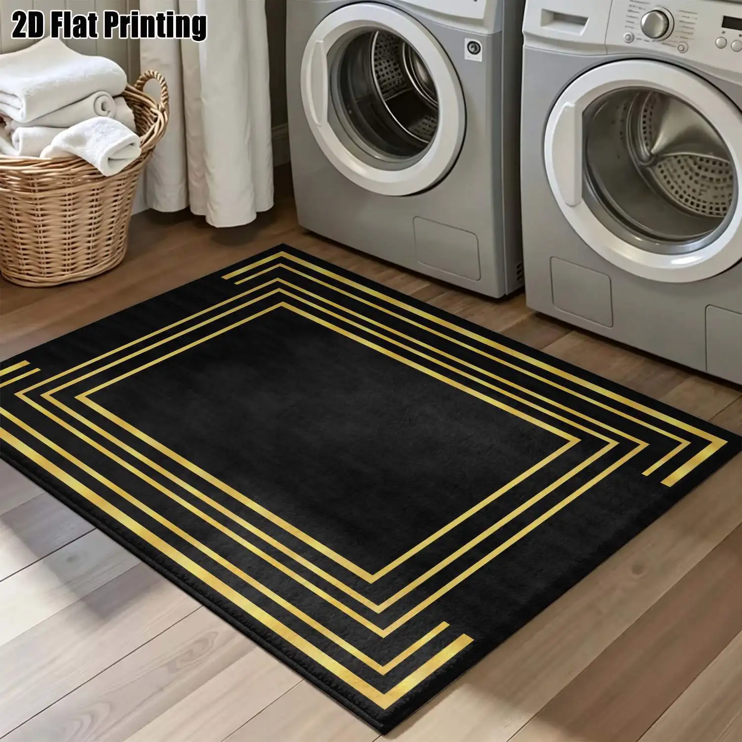 1Pc 2D Printed Carpet: Black & Gold Geometric Frame Pattern Modern Minimalist, European-Style, Vintage, Geometric Striped. Home Decor, Multi-Size, Machine Washable. Ideal for Entryways, Living Rooms, Bedrooms, Study Rooms, and Foyer Mats.