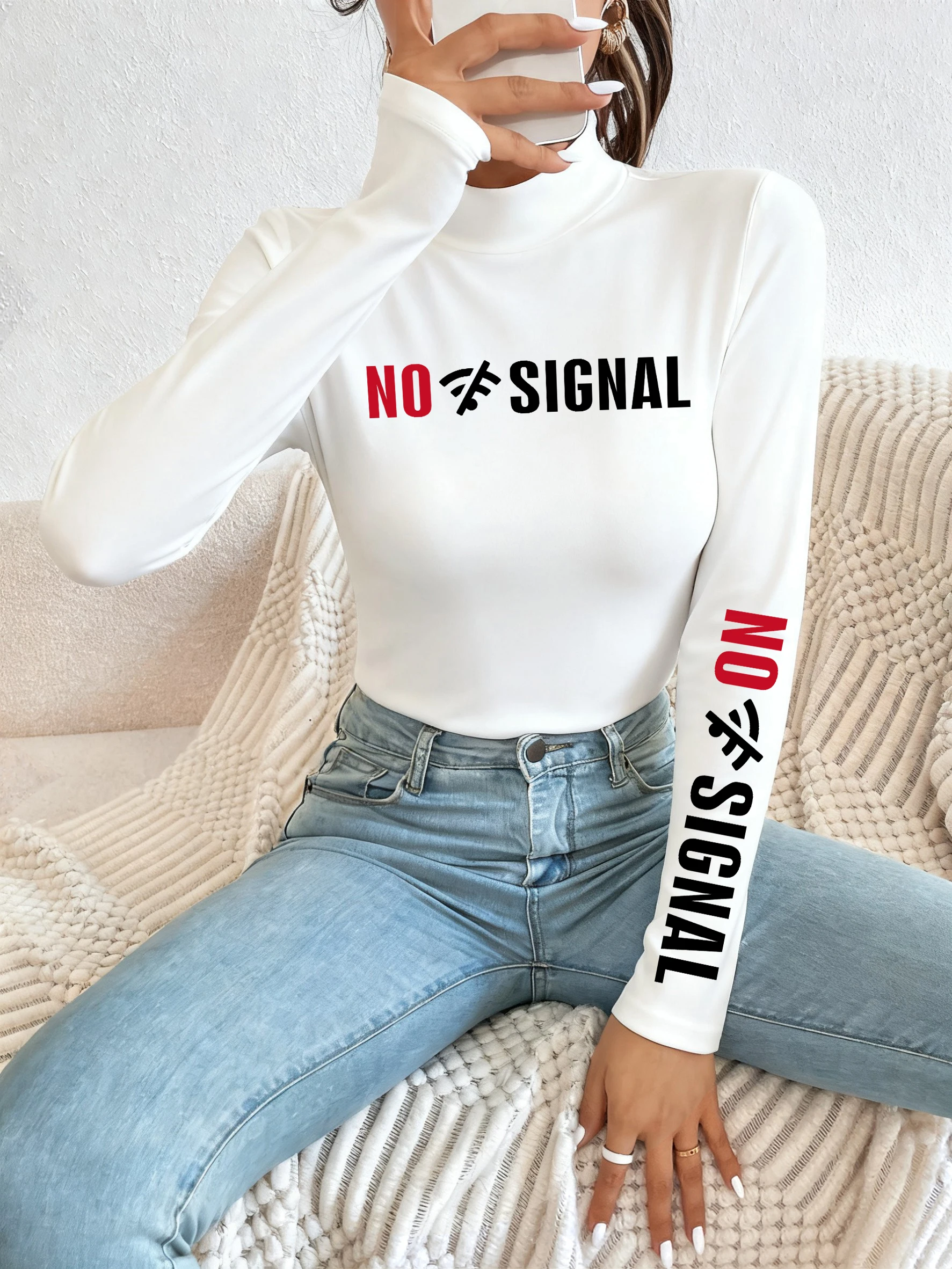 

This Way No Signal Print Women Warm Thicken Shirts Soft Sport T-Shirt Autumn Comfy Long Sleeve Half High Collar Casual Pullover