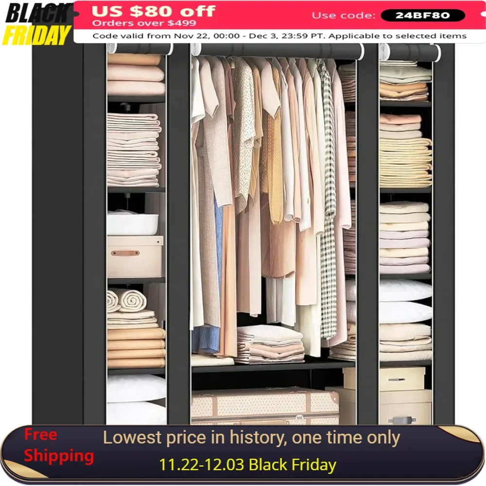 

Closet Wardrobe, Portable Bedroom Closet, Storage Box, 59 X 17.7 X 69 Inches, 12 Compartments, Black,with Non-woven Cover,hanger