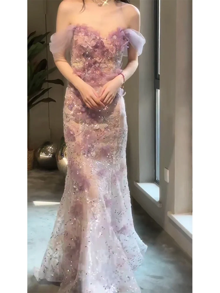 Customized Romantic Pink Purple Mermaid Evening Dress Luxury Sequins Beading Flower Mermaid Formal Gowns for Women Vestidos