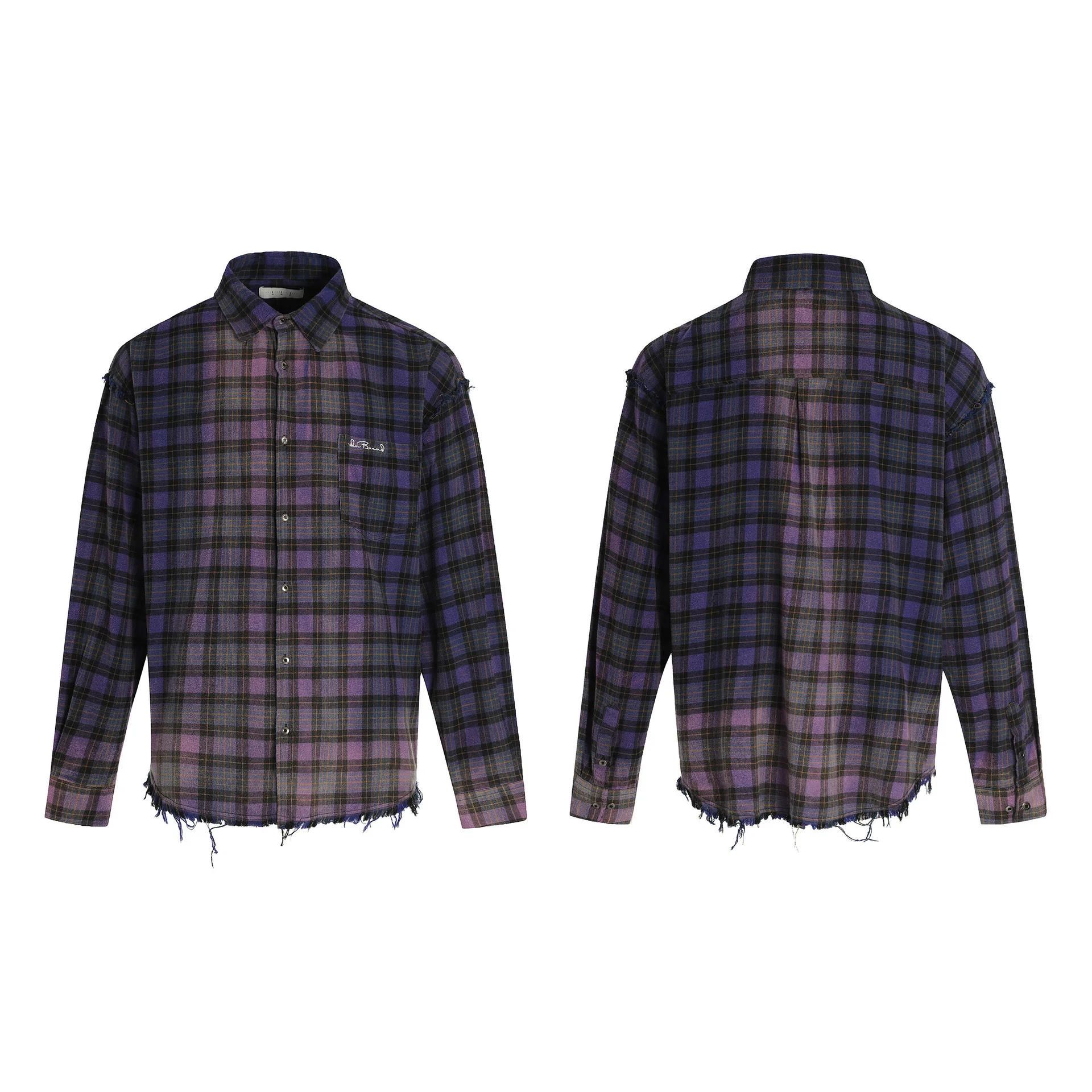 

Ретро-американская синяя клетчатая рубашка для мужчин, уличная одежда, рваная, с вышивкой, свободного кроя, повседневная, модная, для молодежи, из чистого хлопка, с длинным рукавом