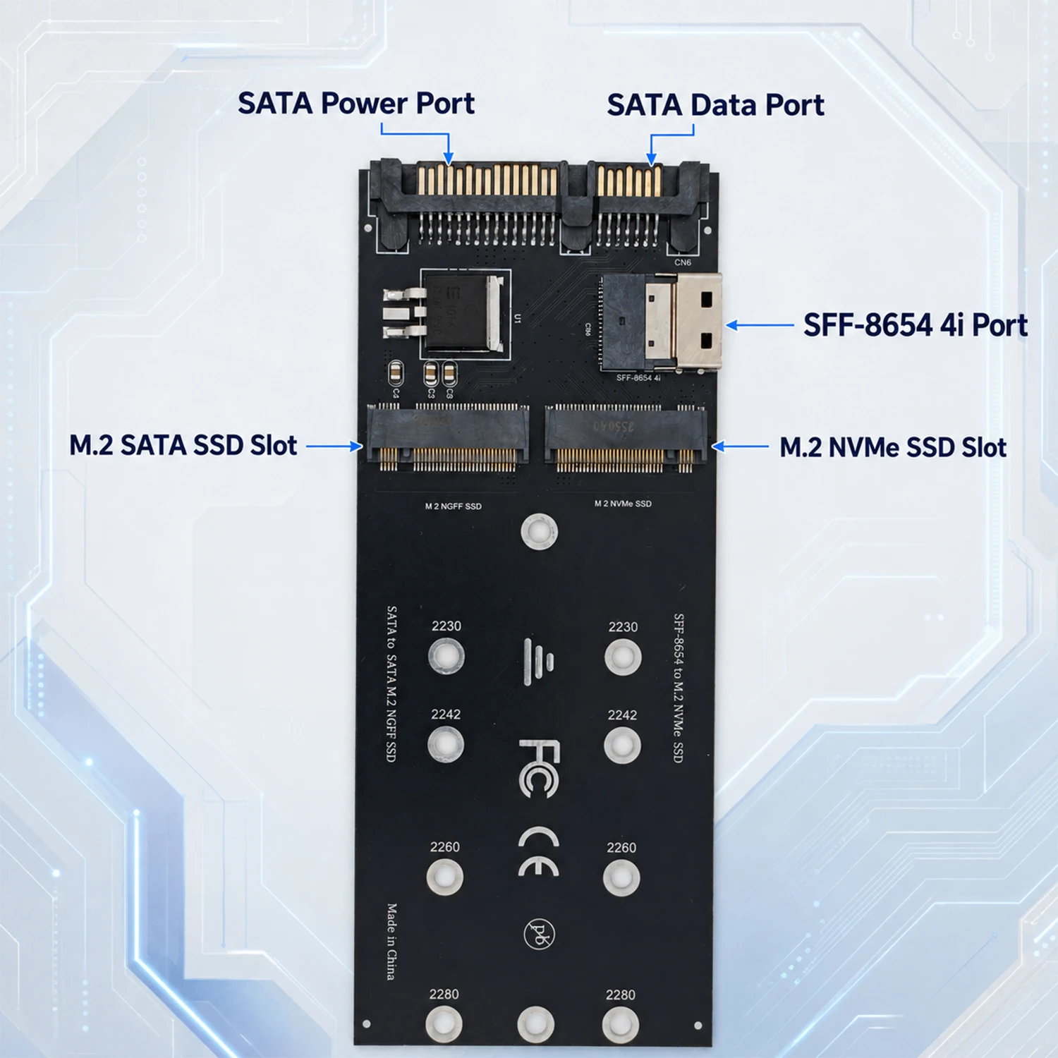 M.2 NVMe SSD to SFF-8654 4i Adapter Card PCIe 3.0 4.0 Supports 2230 2242 2260 2280 for Server Workstation Storage
