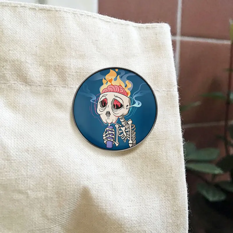 Brain On Fire Skeleton UV Printing Pin Blue Smoke Effect Brooch Lapel Backpack Badge Jewelry Accessories Gifts For Friends