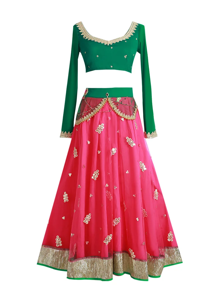 Female Indian Traditional Dance Dress Long Sleeve Tops Skirt Bollywood Dance Saree Veil Suit Belly Dance Stage Clothing DQL10102 view 5