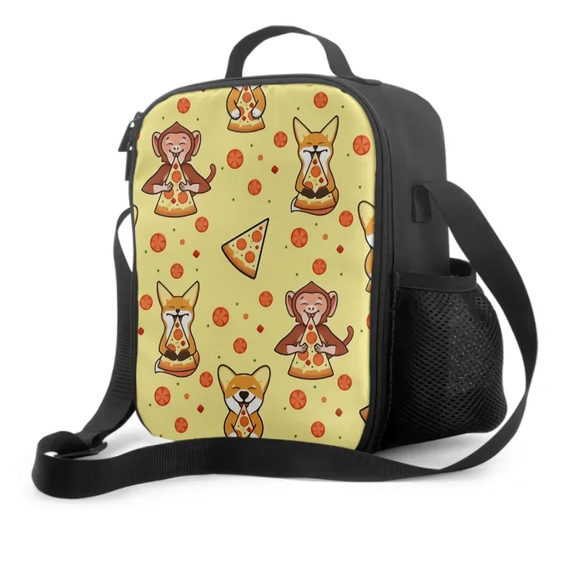 

Funny Corgi Monkey with Pizza Insulated Lunch Box Leakproof Portable Lunch Bags Reusable Cooler Tote Bag for Picnic Travel Work