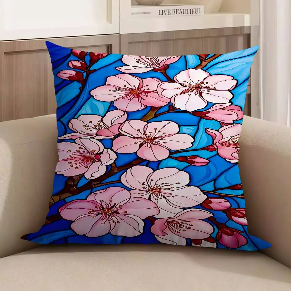 

Stained Glass Cherry Blossoms Decorative Room Aesthetics Pillow Case Home Decor Bedroom Sofa Bed Couch Pillow Cover 45x45