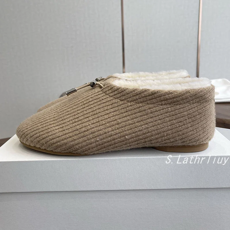 Flat Bottomed Loafers Knitted Plush Warm Ankle Boots Women Retro Round Toe Cotton Shoes Winter Comfort Anti Slip Snow Boots