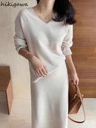 Korean Women Clothing Knitted Two Piece Set V-neck Long Sleeve Pullovers High Waist Bodycon Long Skirt Outfits Simple Chic Suit