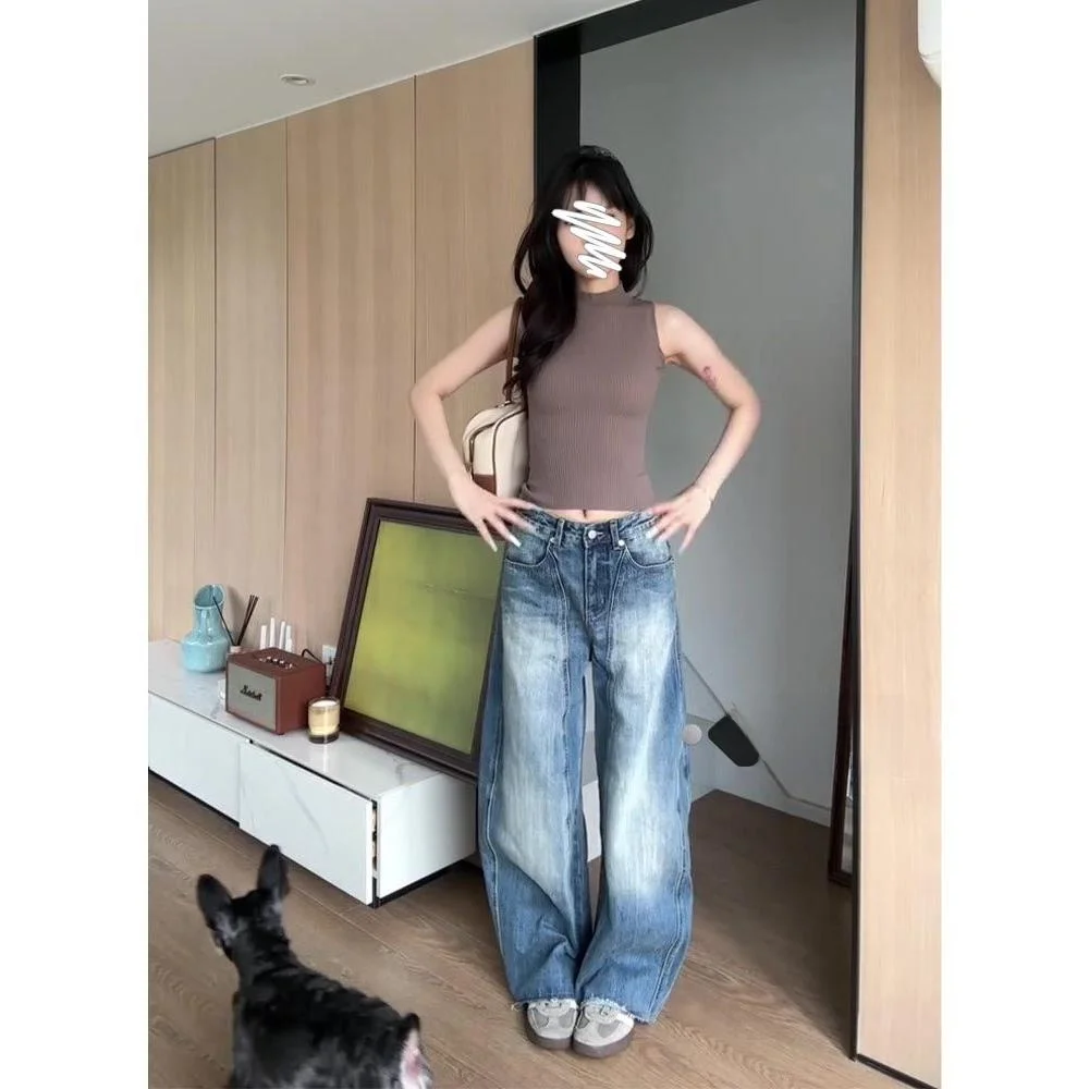 

Retro High Waist Loose Wide Leg Pants Women's Slimming Jeans Casual Straight Cut Trousers Vintage Design Street Sle