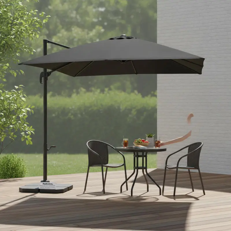 Parasol carré autoportant 300 x 300 cm avec manivelle noire, manivelle facile à utiliser, éclairage solaire intégré pour une utilisation nocturne, excellente protection UV pour bloquer la lumière du soleil intense.