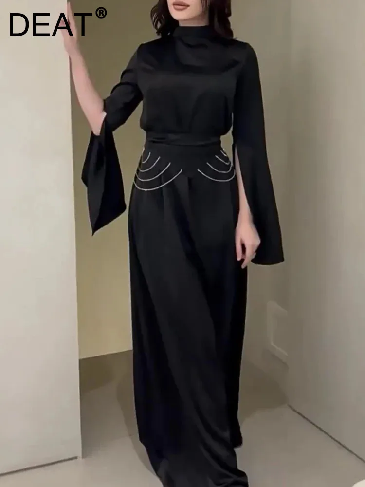 DEAT Elegant Dress Stain Split Long Sleeve Diamond Chain Waist Pleated Women's Evening Party Dresses 2025 Spring New 35Z1523