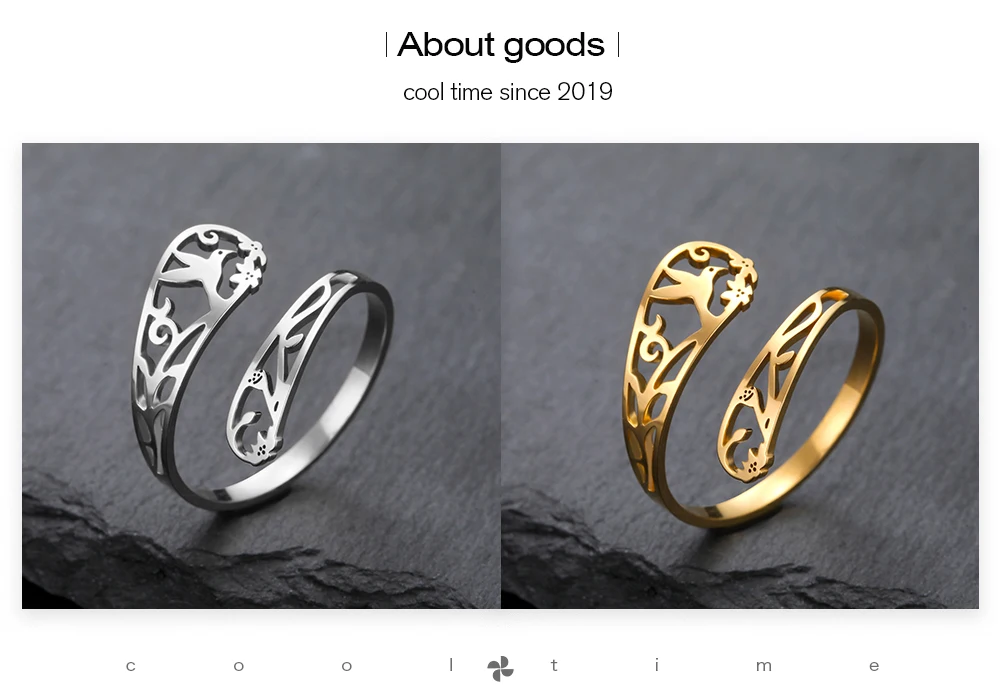 COOLTIME Blumen- und Vogel-Damenring, Edelstahl, verstellbar, modischer Blumen-Fingerring, Schmuck, Geburtstagsgeschenk – Detail 3