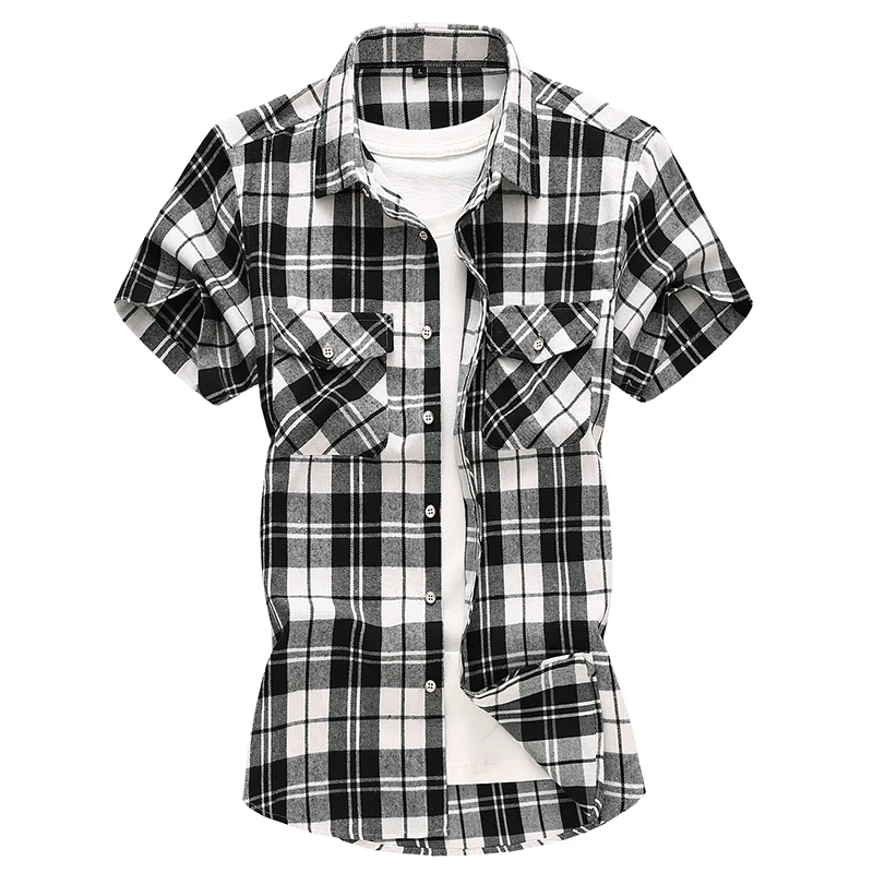 Summer New Striped Plaid Short-sleeved Shirt, Men\'s Fashion Casual Cotton Shirts, White Red Green Gray Blue Camisa Man Chemise