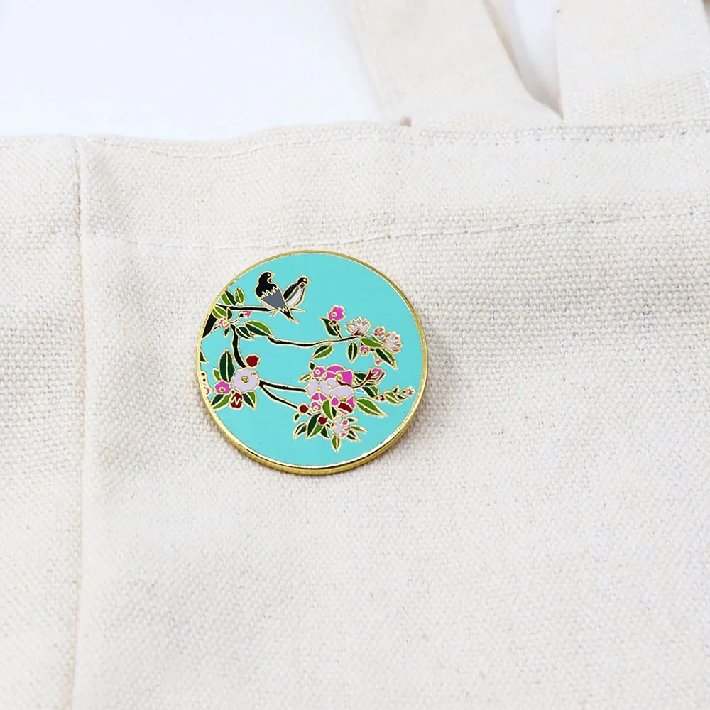 Chinese ancient style landscape flowers Blossom birds magpies in pairs graffiti good wishes happiness metal enamel brooch badge