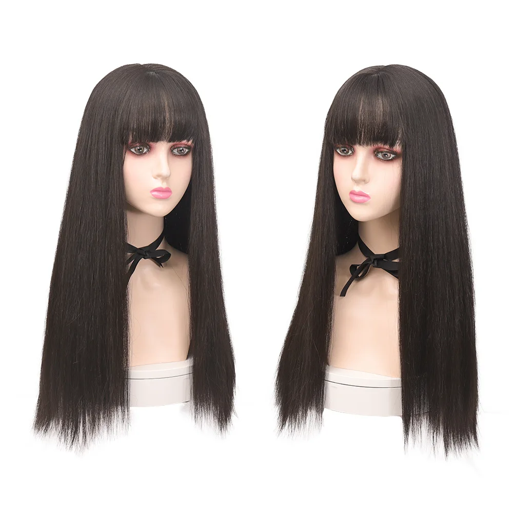 Black Long Straight Hair Synthetic Wig with Air Bangs, Holiday Party, Daily Wig, High-Temperature Hair Silk Wig Cap