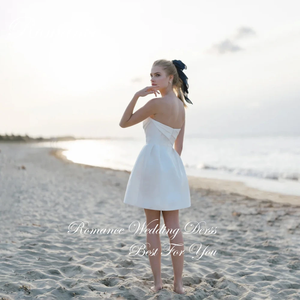 Vestido De Novia clásico plisado corto con cuello barco, corte en A, sin mangas, espalda abierta, satén, personalizado
