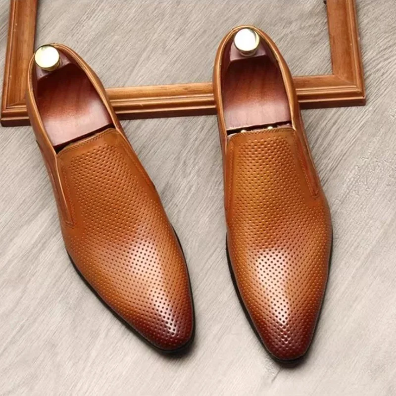 Summer Hollow-out Breathable Leather Dhoes For Men Genuine Leather Pointed Toe Dress Loafers Slip-on Business Casual Shoes