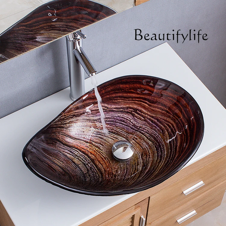 Tempered glass wash basin hotel creative art basin oval rainbow water drop platform basin B & B
