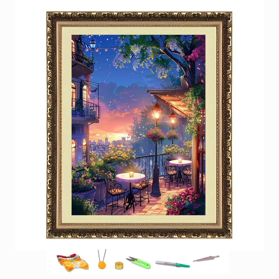 Cross Stitch Embroidery Kit Balcony Night View Landscape Thread Drawing DIY Needlework Kit Decorate Printed on Canva 11CT