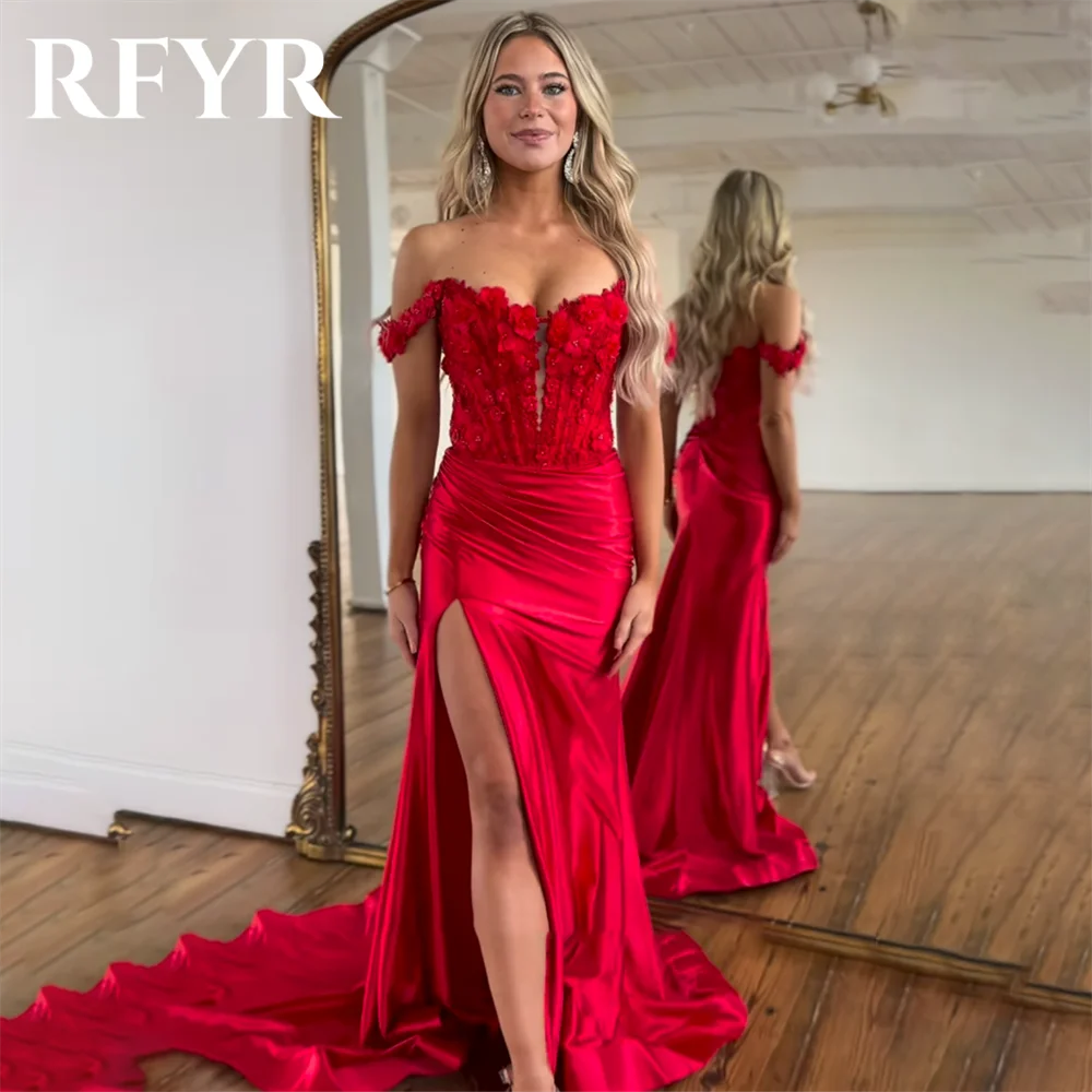 

RFYR Sexy Red Prom Dress Off The Shoulder Sweetheaart Satin Evening Dress Trumpet Party Dress with High Slit Pleats فساتين سهرة