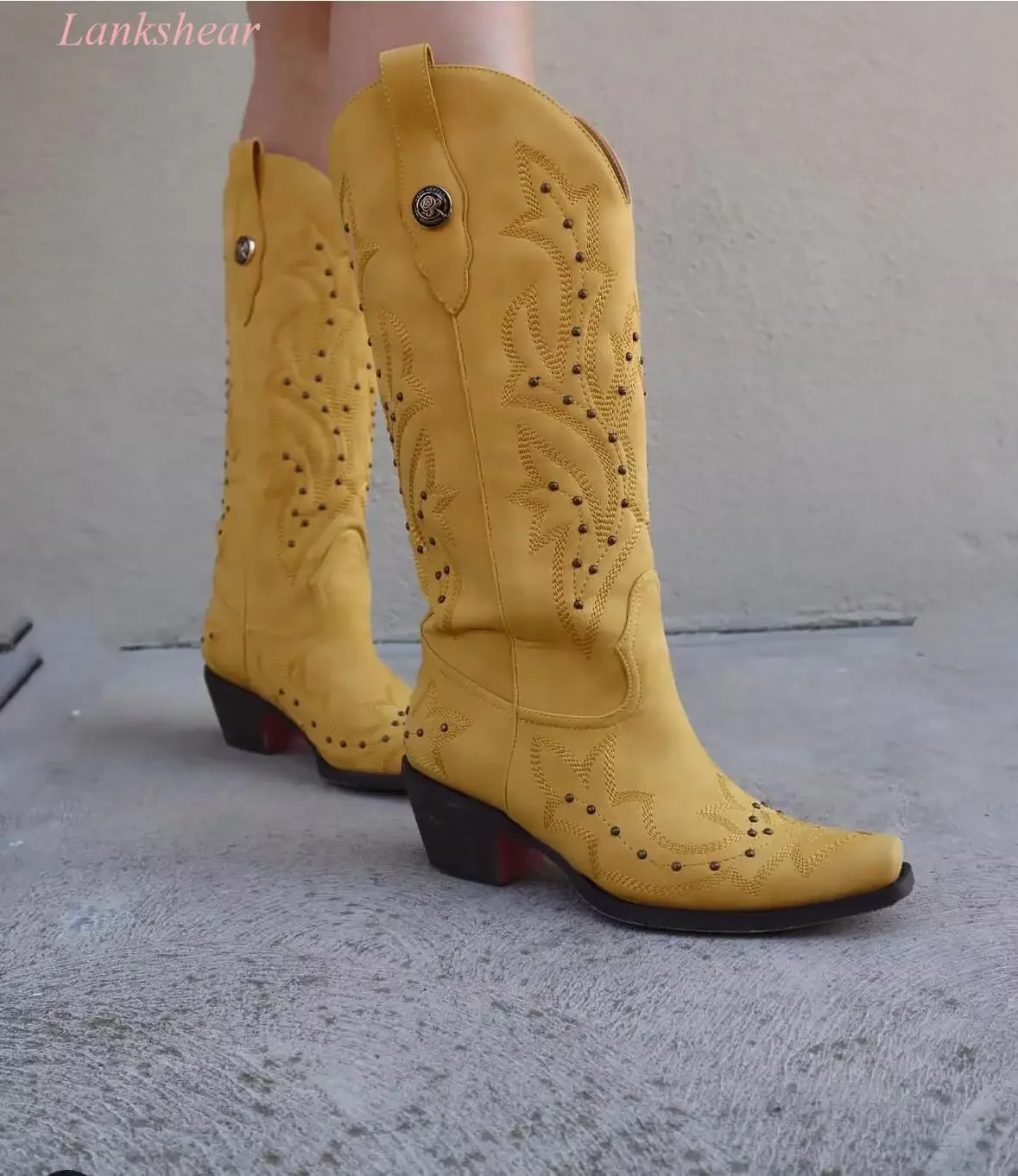 

New Style Women's Full Bloom Floral Round Toe Casual Boots Mid Knee Heel Embroidered Western Cowboy Boots Large Size