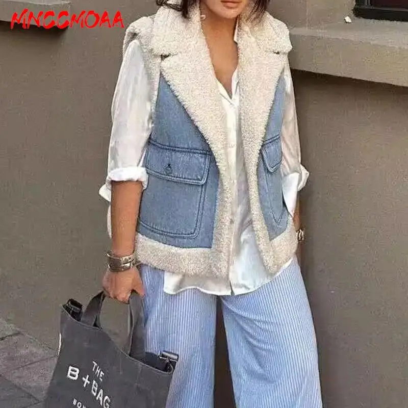 MNCCMOAA 2024 Autumn Winter High Quality Woman Fashion Denim Thick Fleece Vest Coat Female Casual Sleeveless Warm Waistcoat Tops