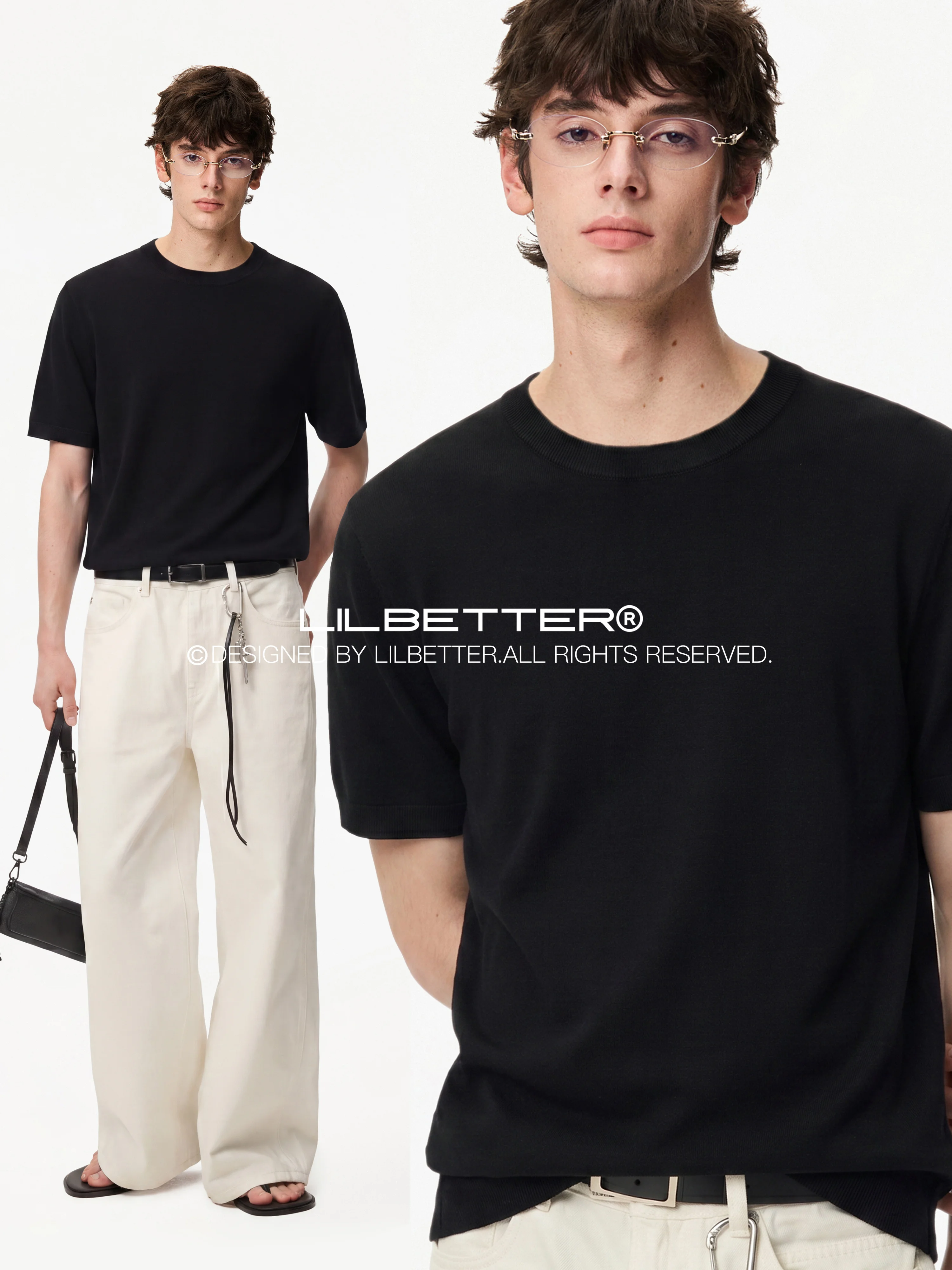 Lilbetter100% Wool Knitted Short Sleeve T-Shirt Men's Summer Casual Top Fashion Urban Style round Neck Short Length