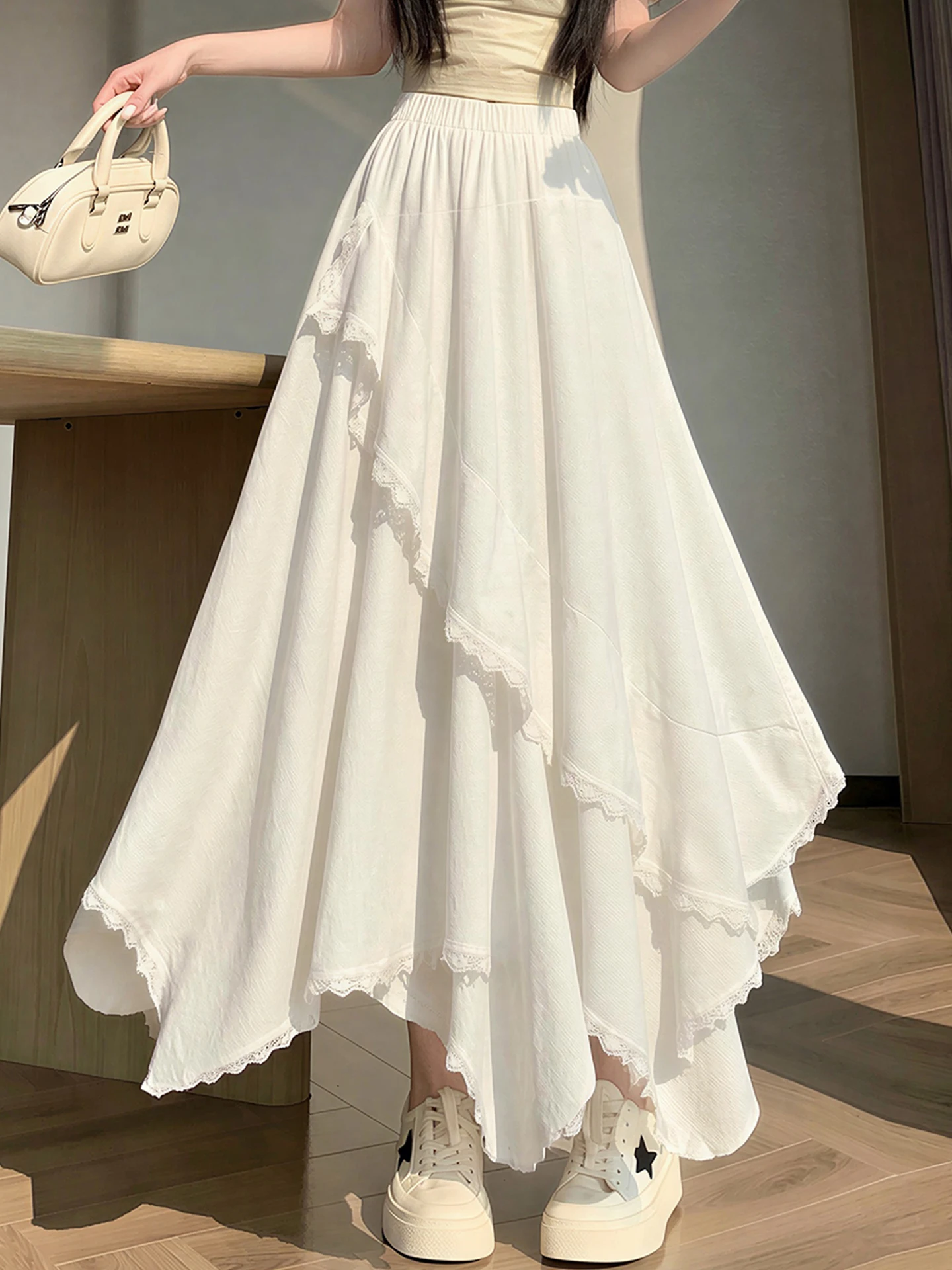 

White Asymmetrical Lace Hem Cake Skirt Women's High Waist Slim A-Line Midi Umbrella Skirt Korean Style Commute Lace Skirt