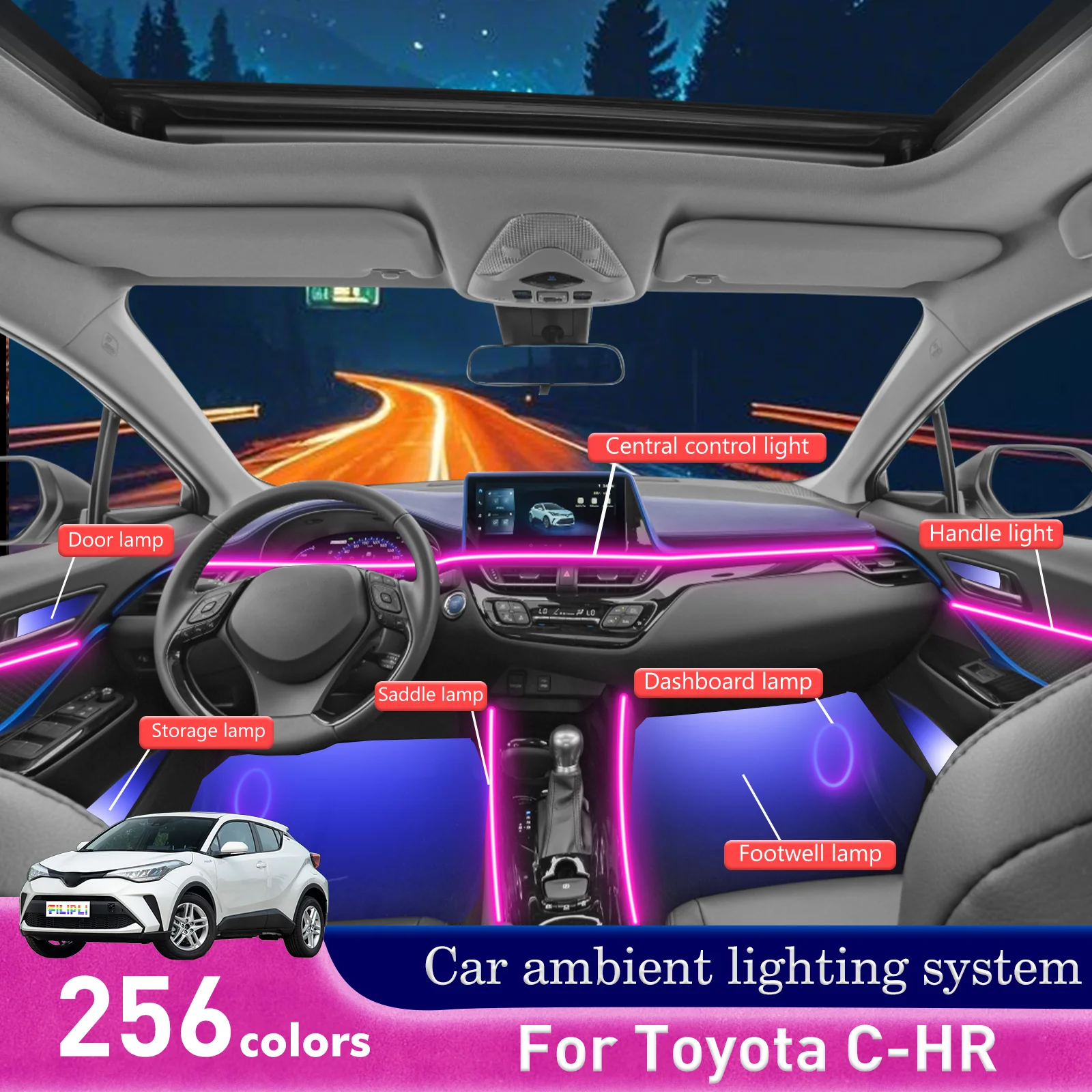 

For Toyota C-HR Smart Remote Control RGB 64 Colors LED Car Interior Ambient Light Energy Saving Efficient Lamp Set