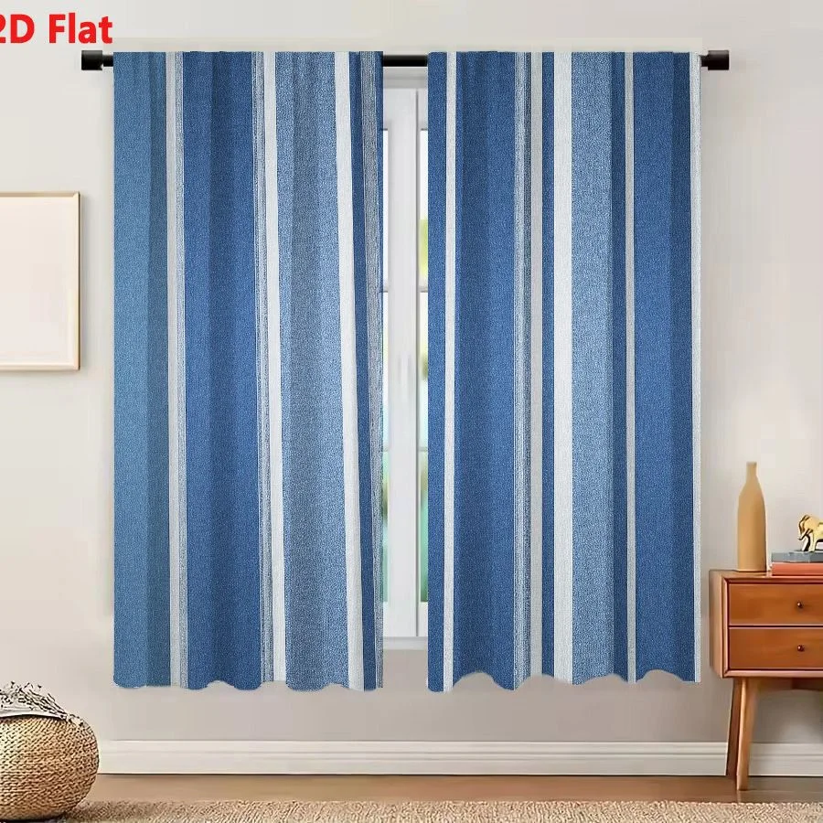 2Pcs Curtains 2D Flat Patterned Wallpaper Fabric With Vertical Blue And White Stripes For Walls Curtains Upholstery Window Drape