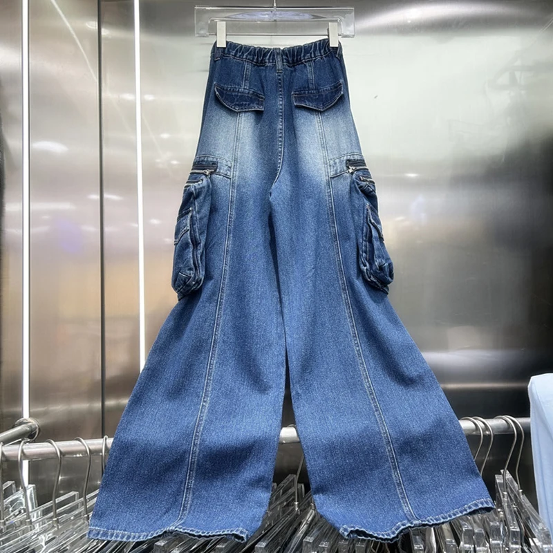 KBQ Patchwork Taschen High Street Lose Denim Hosen Für Frauen Hohe Taille Verstärktes Taste Mode Chic Gerade Hosen Weibliche