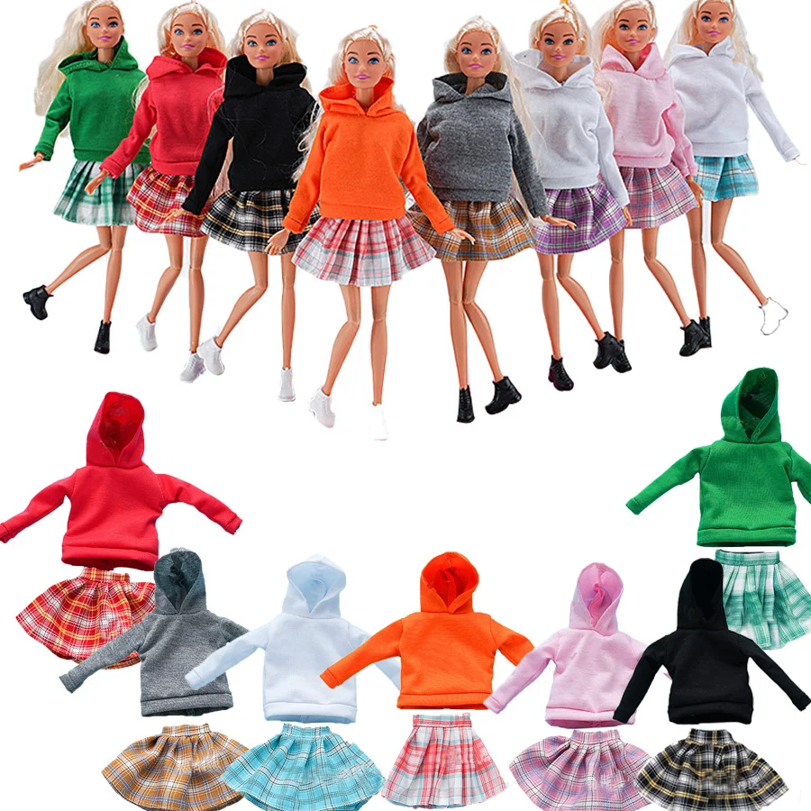 For 11.5-inch 30cm Doll Accessories, Solid Color Casual Hooded Sweatshirt, Plaid Short Skirt And Shoe Set, Children's Gift