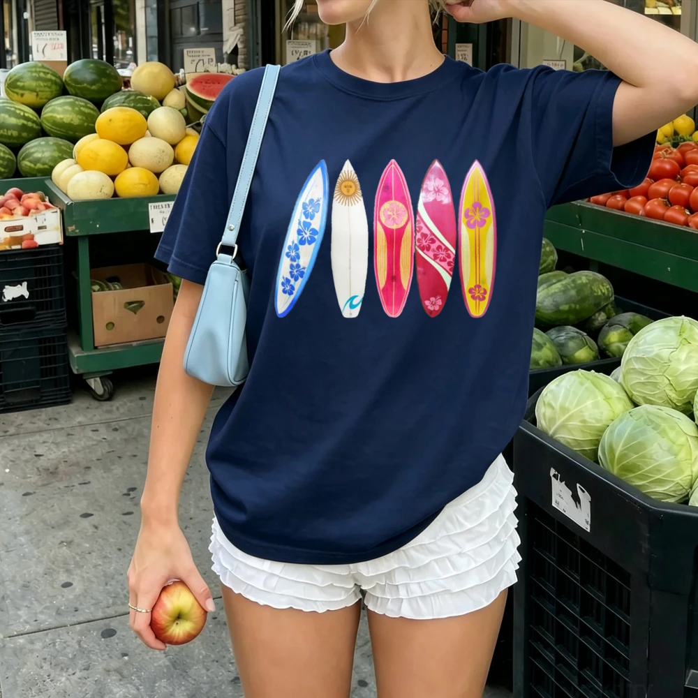 Colorful Vintage Surfboards Beach Graphic T Shirt Women Tropical Hawaii Surf Board Print Short Sleeve Summer Vacation Casual Top