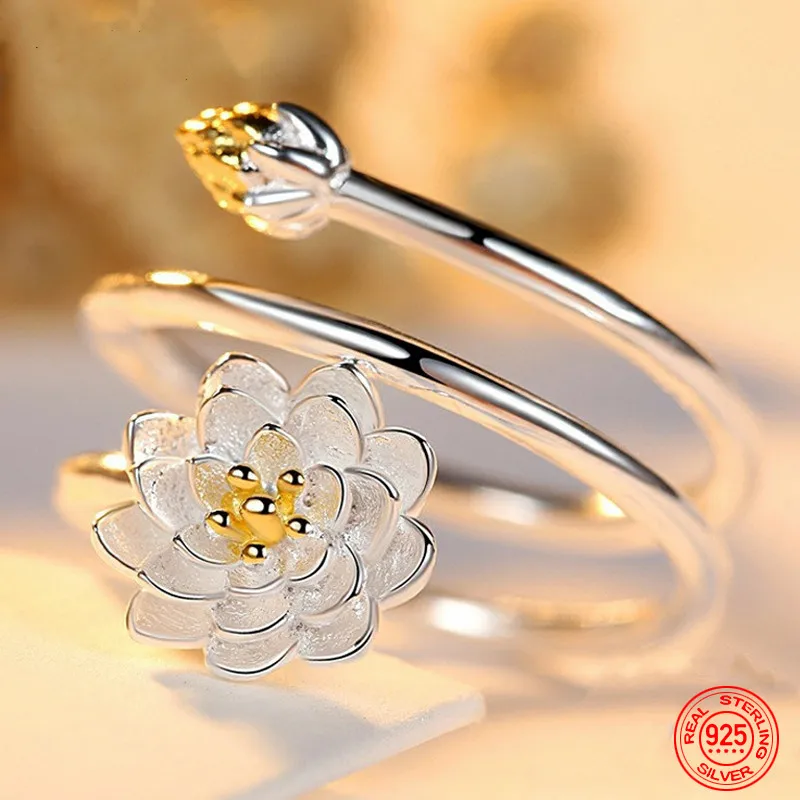 

925 Sterling Silver Charm Lotus Ring For Women Fashion Open Adjustable Finger Rings Jewelry Gift