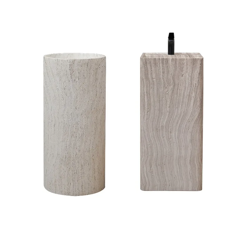 Lavabo de Pilar de Travertino Beige Wabi Sand Wind, Lavabo Artístico Integrado de Piso a Techo, Lavabo Vertical de Alta Gama