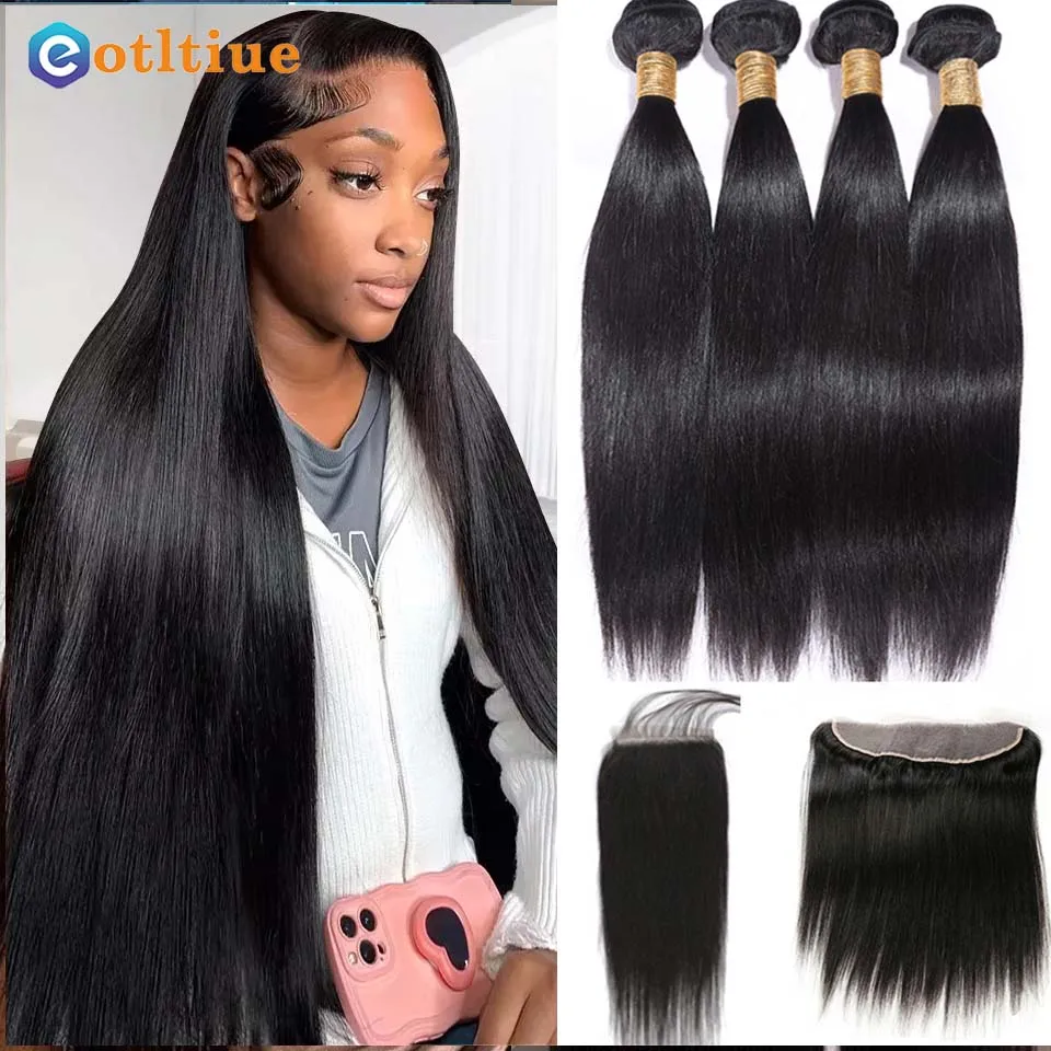 

Straight Human Hair Bundles With Closure Brazilian Human Hair 3 Bundles With Frontal 13X4 Transparent Lace Natural Black Color