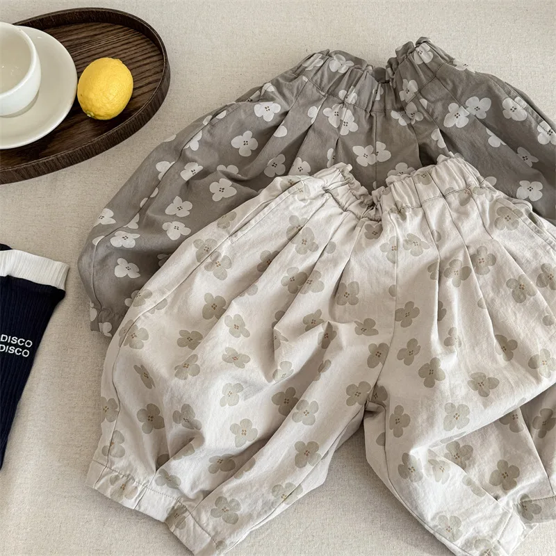 2026 Autumn Kids Baby Girl Trousers 1-6Yrs Toddler Girls Floral Print Casual Pants Elastic Waist Loose Infant Girls Cropped Pant