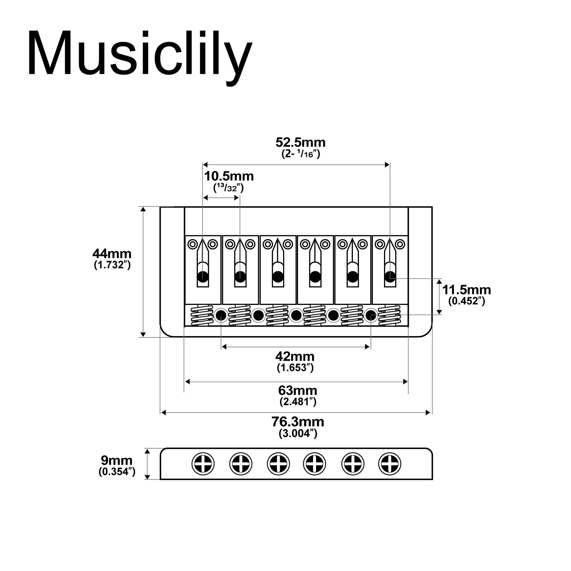 Musiclily Basic 52.5mm(2-1/16 inch) Edged 6-String Non Tremolo Guitar Hardtail Bridge