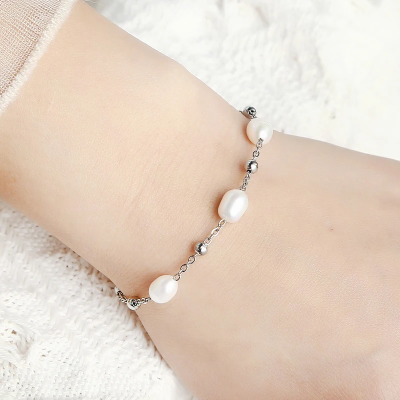HuPo.HuTu. New Charm Jewelry Women\' Gift Freshwater Pearl Chain Waterproof 18K Gold Plated Bead Wrapped Stainless Steel Bracelet