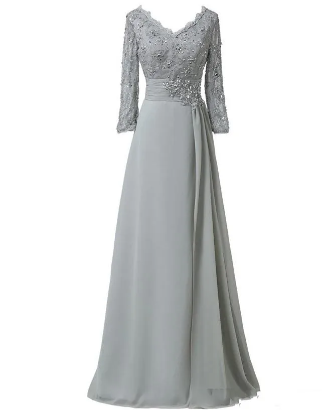 Sexy Sliver Lace Mother of the bride Groom Dresses with Long Sleeves Sequin V neck Chiffon Plus size Formal Evening Party Gowns