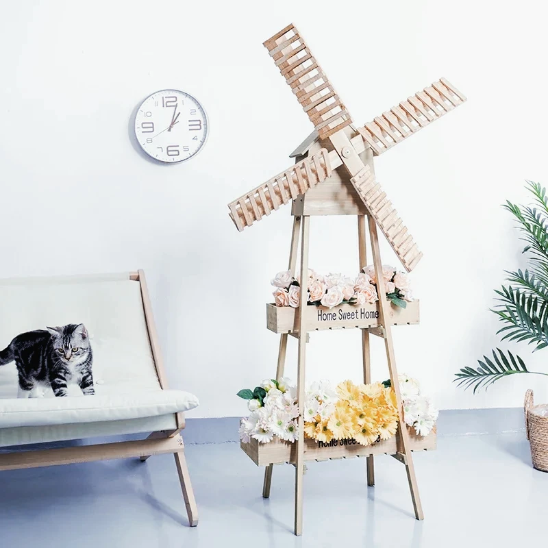 

Creative Windmill Flower Rack Countryside Courtyard Decoration Wooden Balcony Storage Stand Flower Window Shop Display